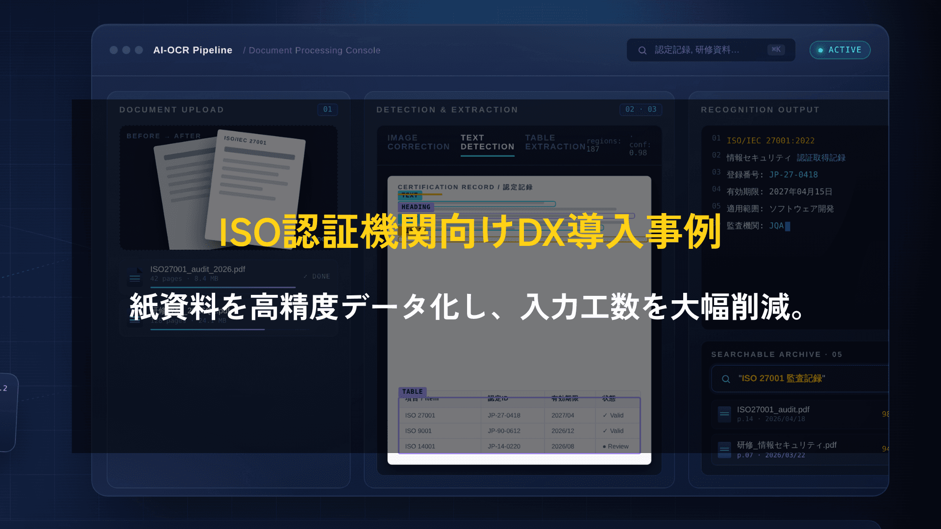 【ISO認証機関向けDX導入事例】AI-OCRを用いた紙資料の高精度データ化。表抽出85%超・情報検出98%以上を達成し、入力工数を大幅削減